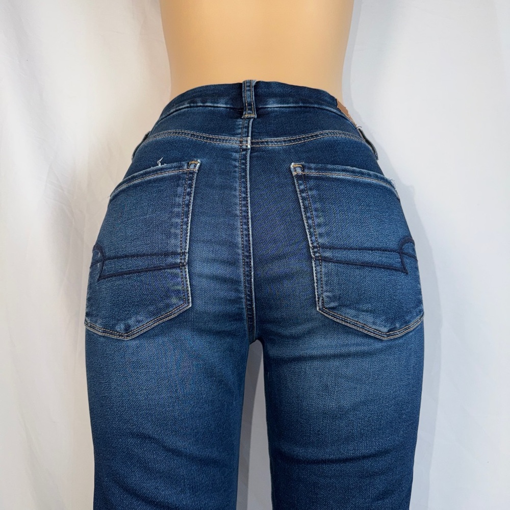 American Eagle Outfitters Dark Blue High Rise Distressed Stretchy Jeans